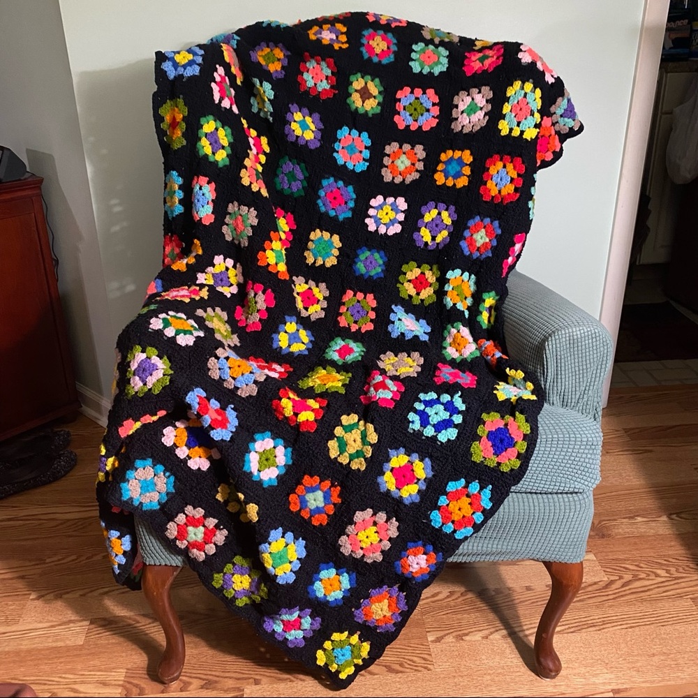 Vintage Handmade Granny Square Crocheted Afghan Blanket